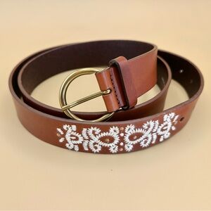 J Jill Brown Leather Embroidered Boho Western Belt w Brass Buckle | Size XL
